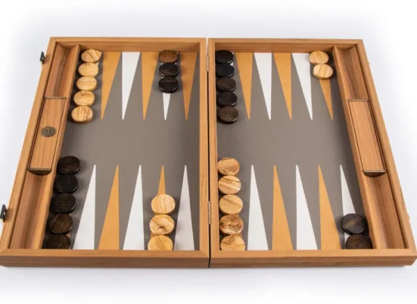 Spiele Für Erwachsene | Spiele Für Kinder>MANOPOULOS Backgammon, Graubeiges Straußenleder-Optik